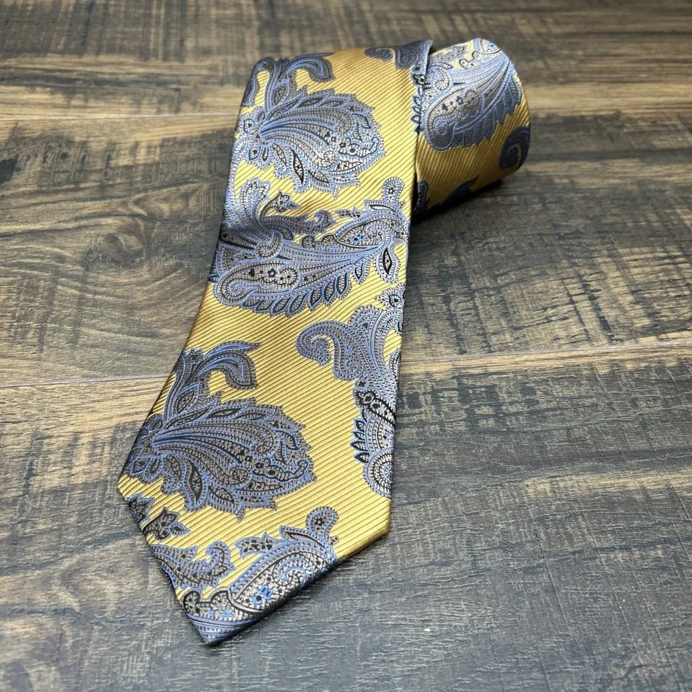 JOS. A. BANK Signature Gold Silk Necktie PAISLEY FLORAL Yellow/Blue NWT